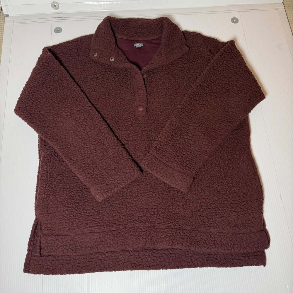Aerie Sherpa Fleece Pullover Womens Small Burgundy Oversized Snap Neck Teddy